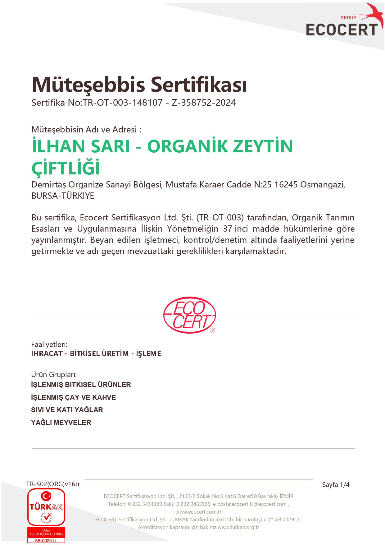 Ecocert müteşebbis sertifikası - İlhan Sarı Organik Zeytin Çiftliği